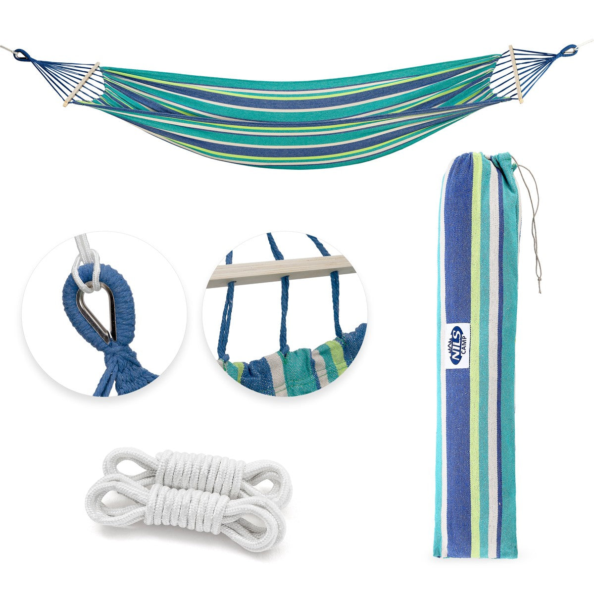 Hammock with 70cm Wooden Beam & Metal Holder, Sea Blue