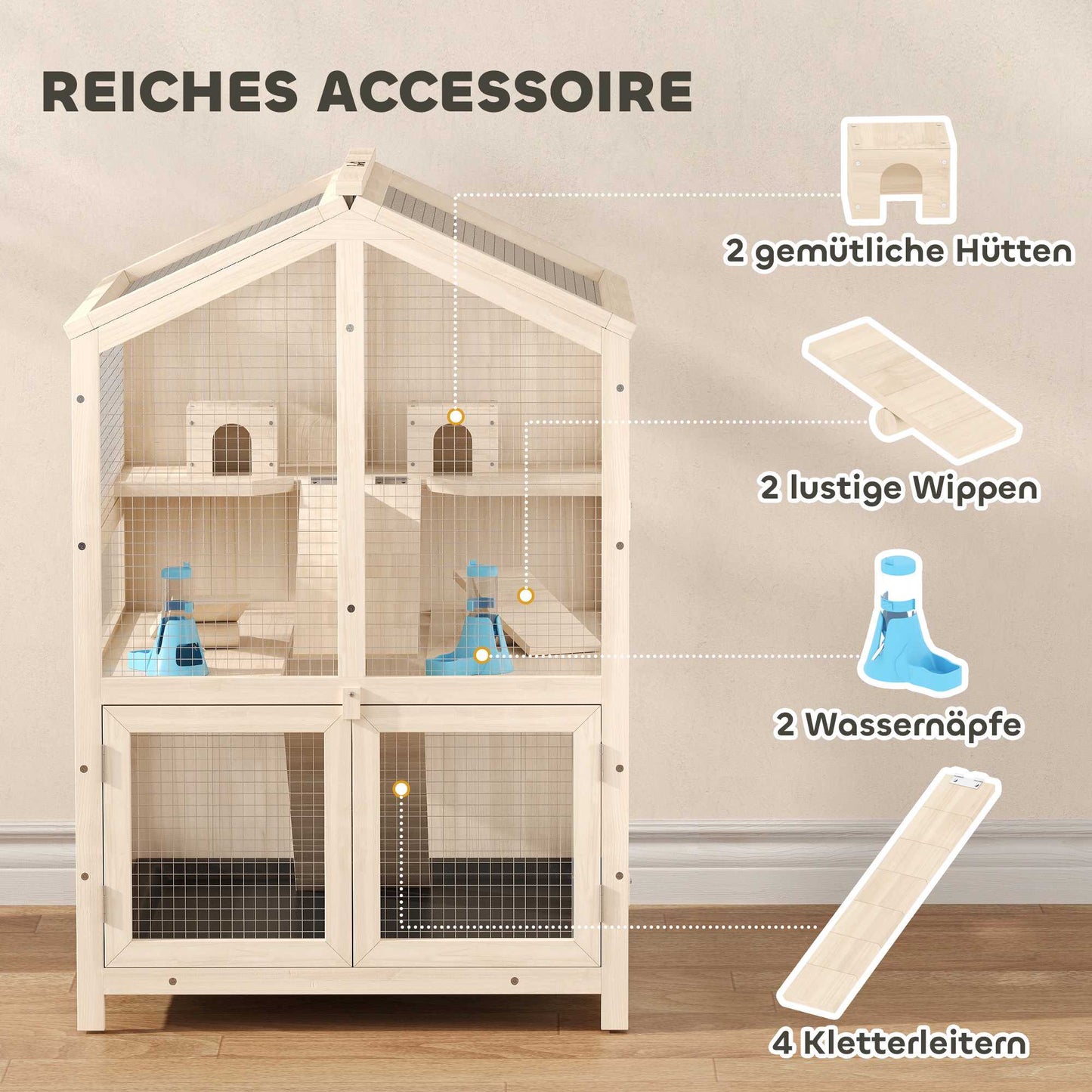 Hamster Cage, 3-Level Wood Habitat with Ramps, 68x61.5x90 cm