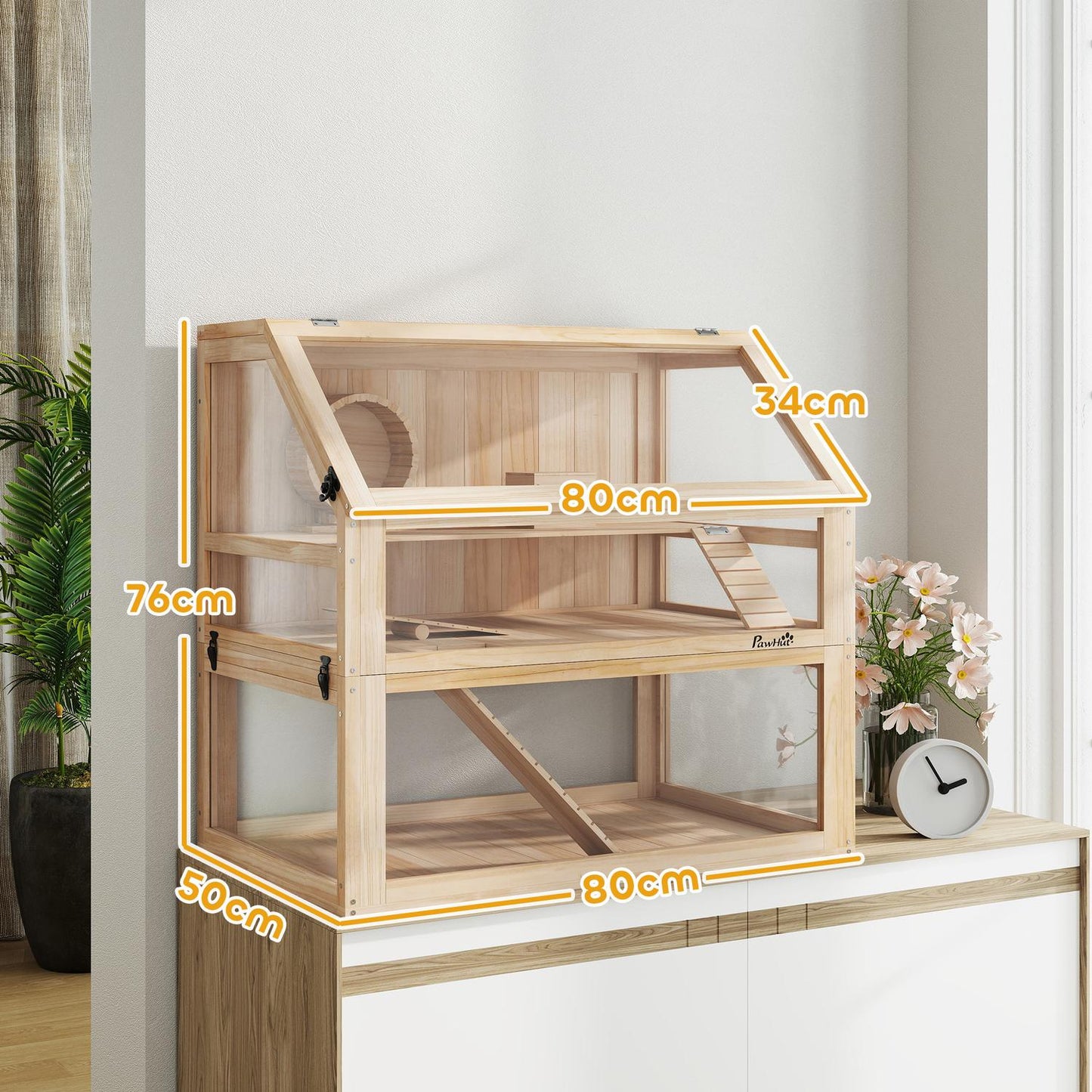 Hamster Cage, 3-Level Wooden with Toys, 80x50x76 cm