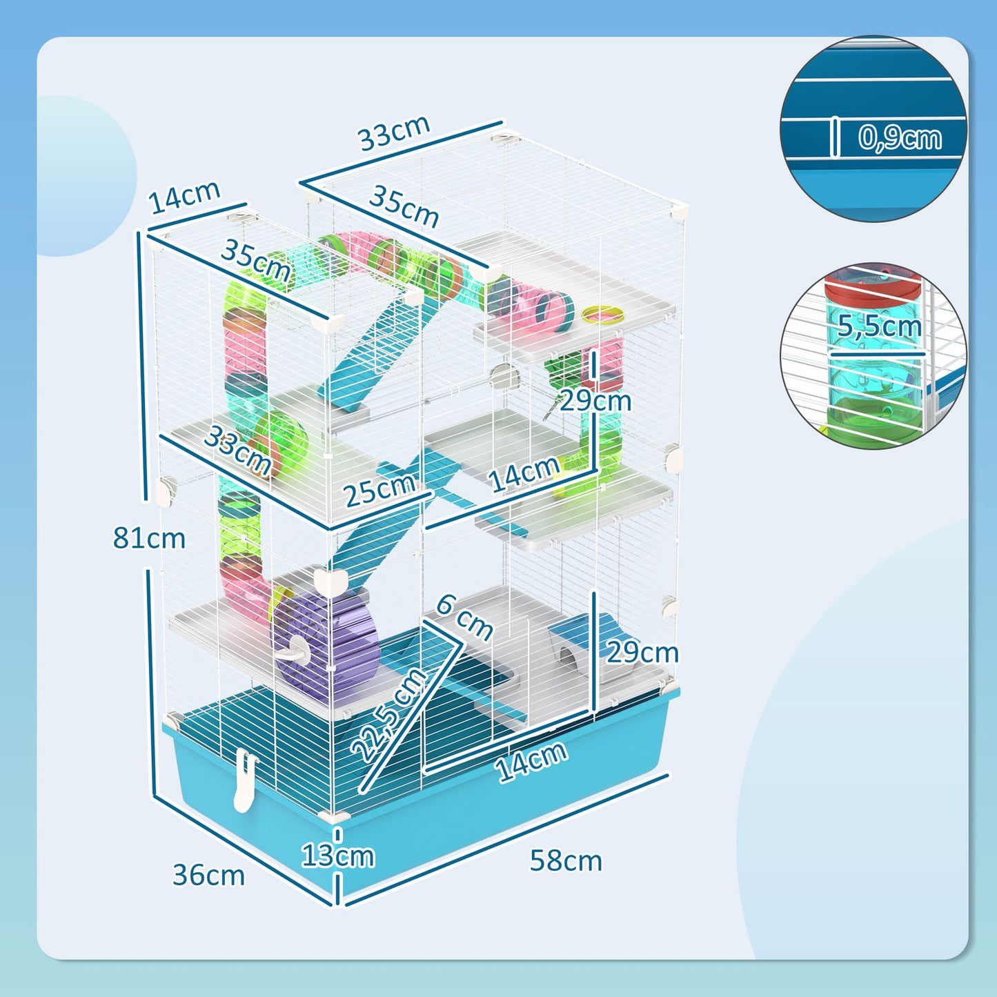 6-story hamster cage with tunnels and accessories, 58x36x81 cm
