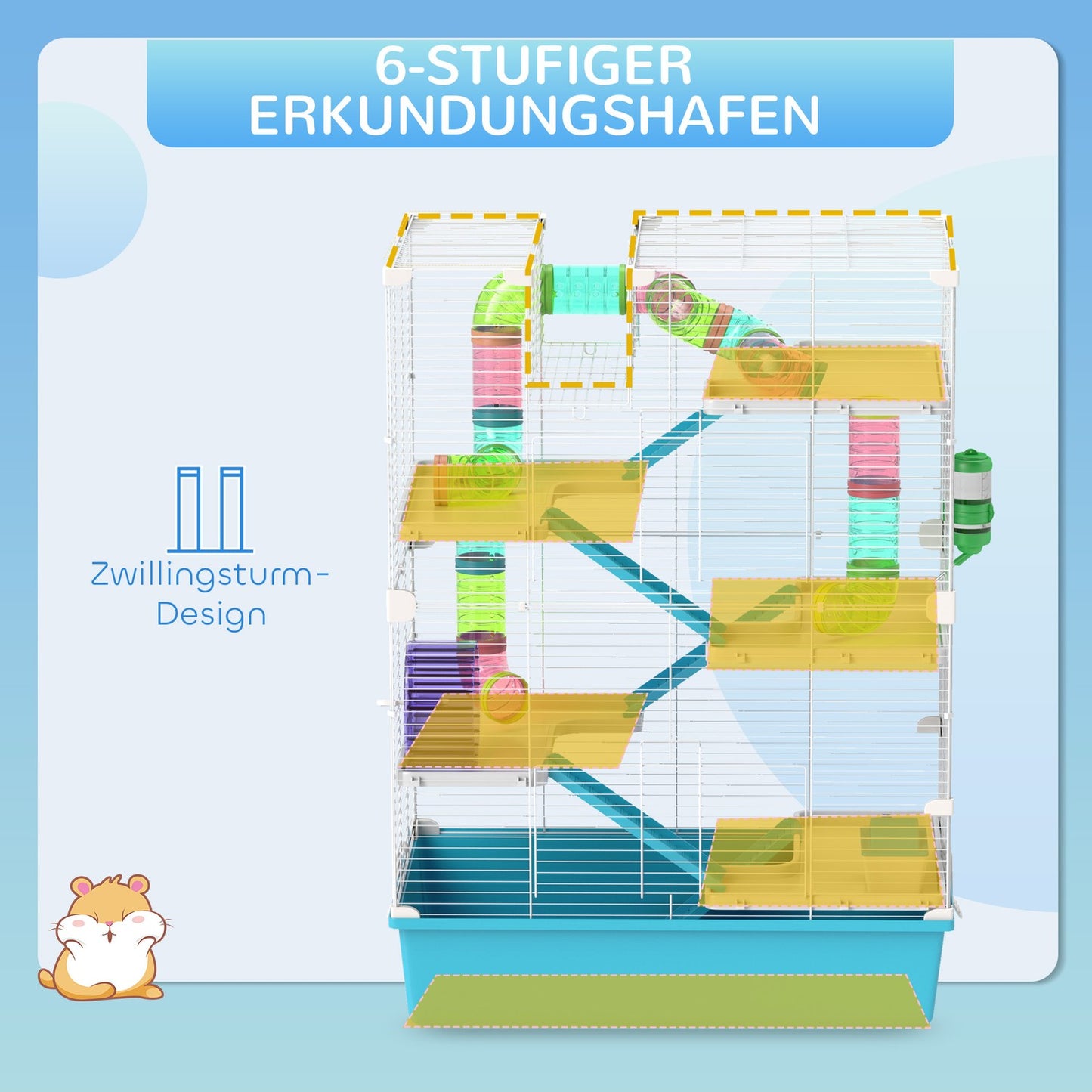 6-story hamster cage with tunnels and accessories, 58x36x81 cm