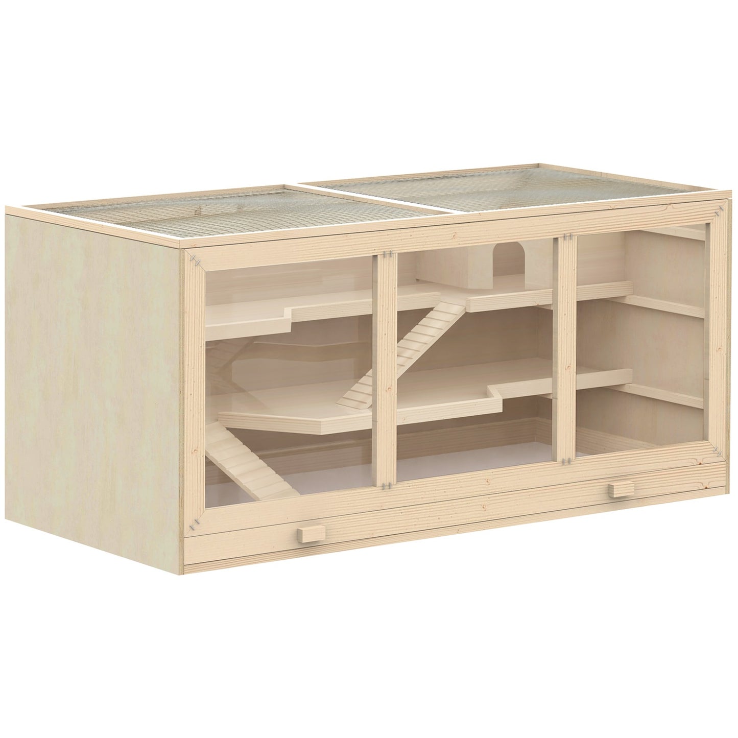 Hamster cage with stairs, natural wood, 3-tier, 115x57x55cm