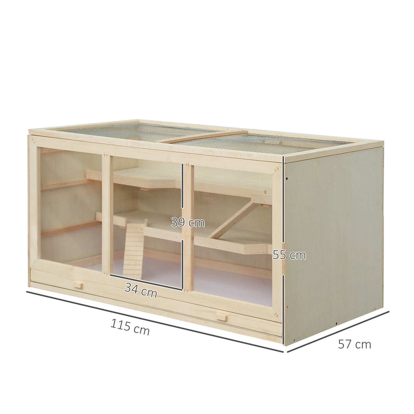 Hamster cage with stairs, natural wood, 3-tier, 115x57x55cm