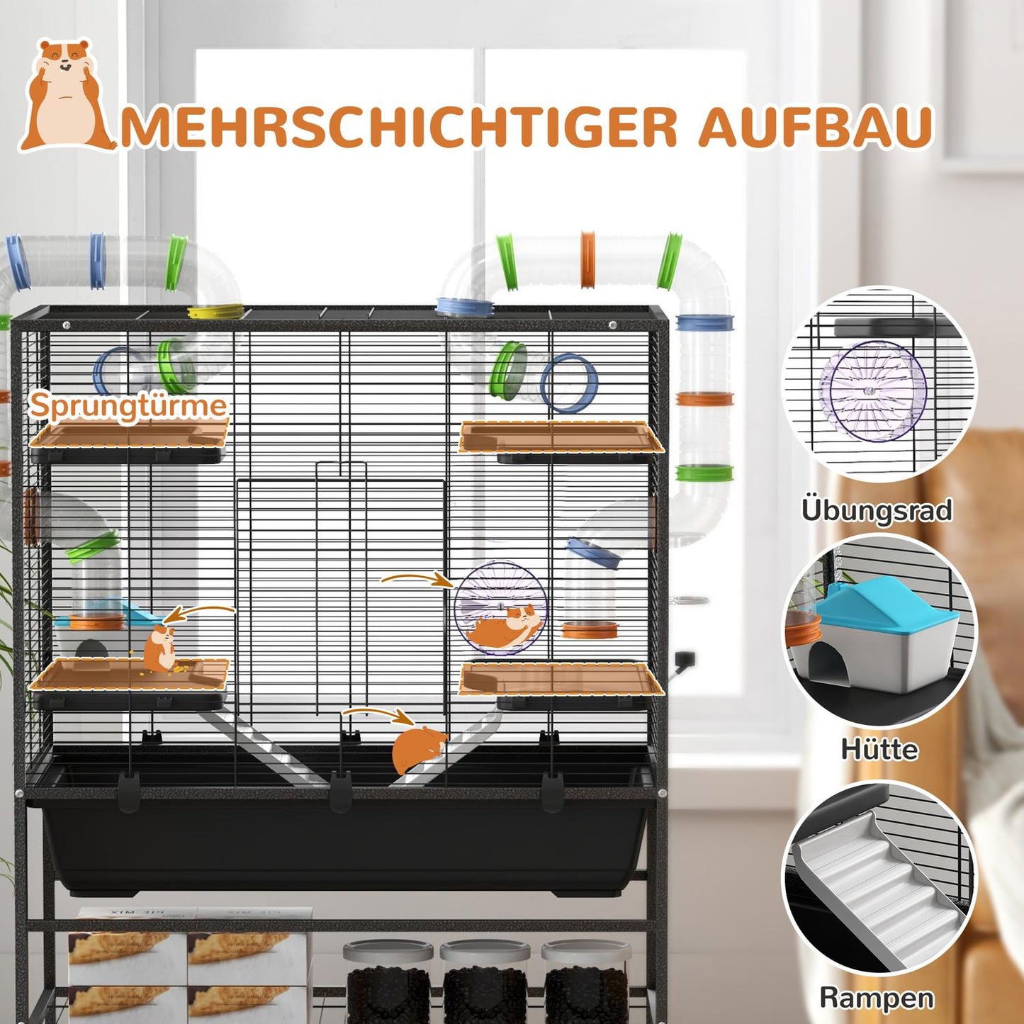 Hamster cage with wheels and accessories, black