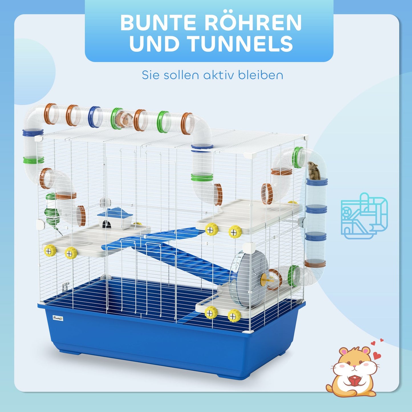 4-story hamster cage with wheels and accessories, blue