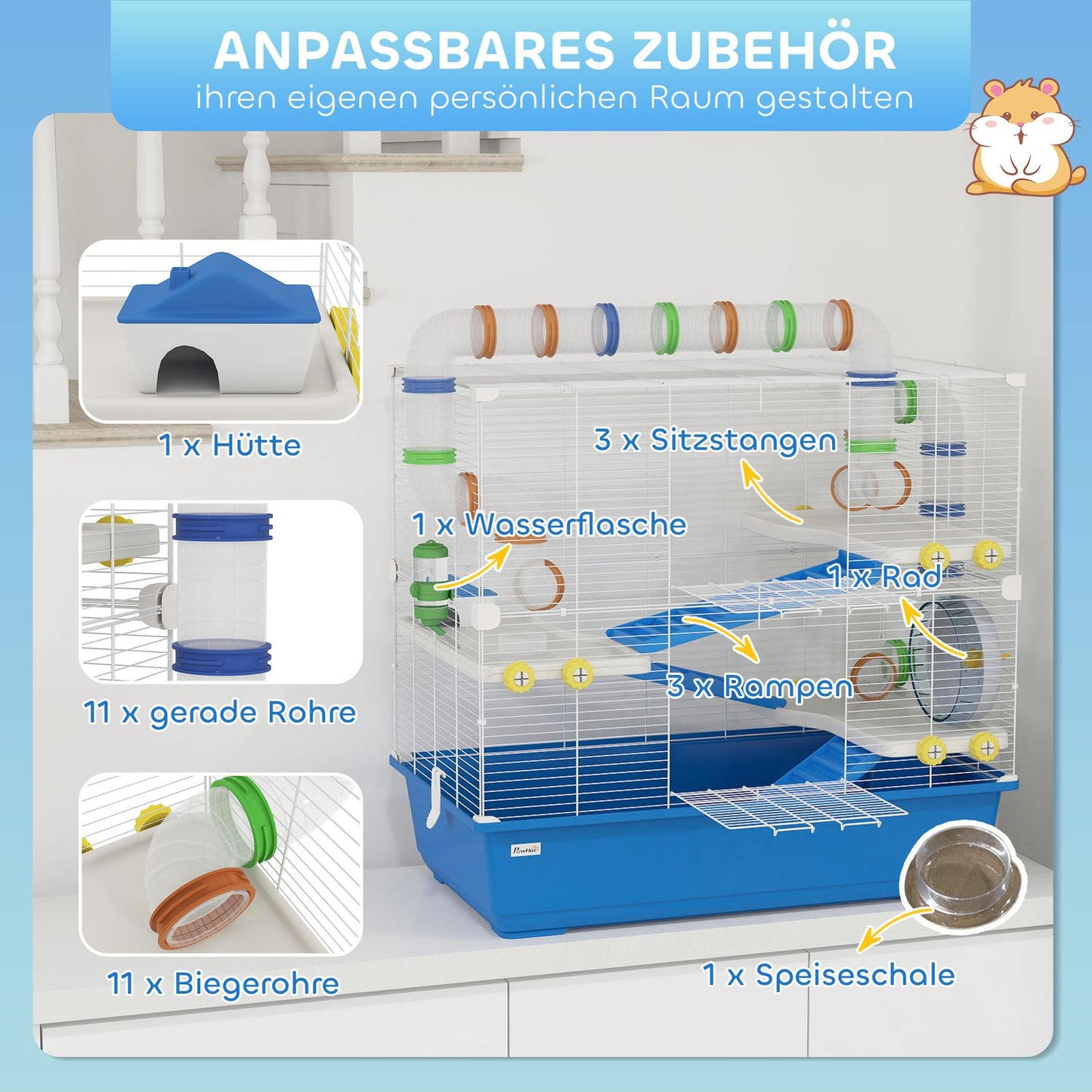 4-story hamster cage with wheels and accessories, blue