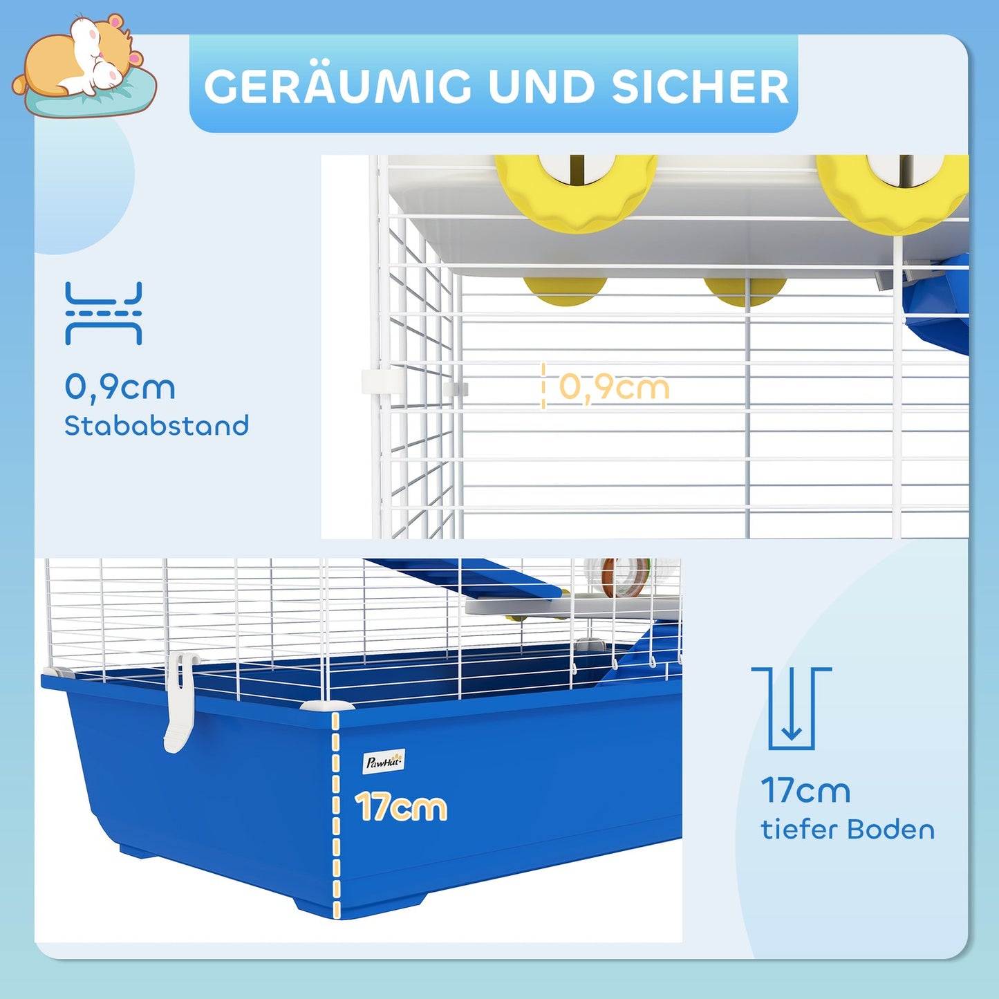 4-story hamster cage with wheels and accessories, blue