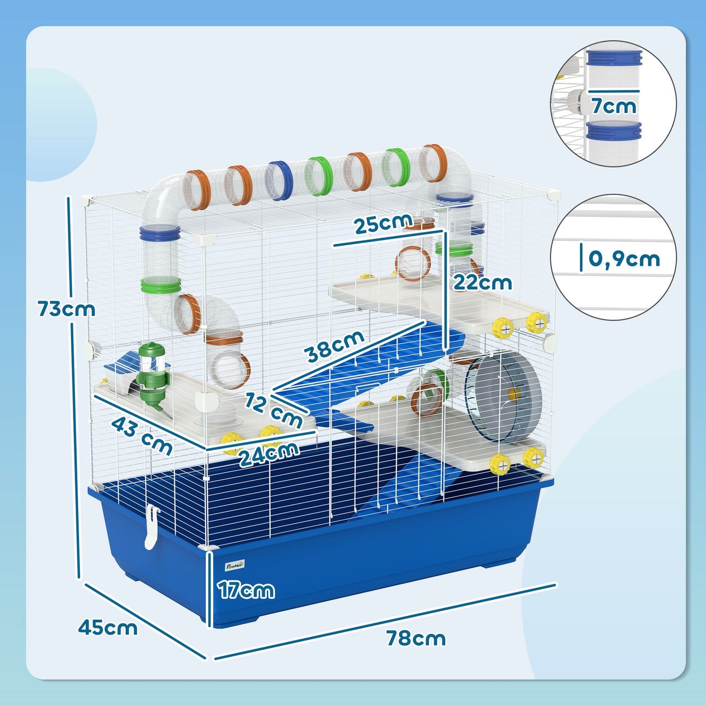 4-story hamster cage with wheels and accessories, blue