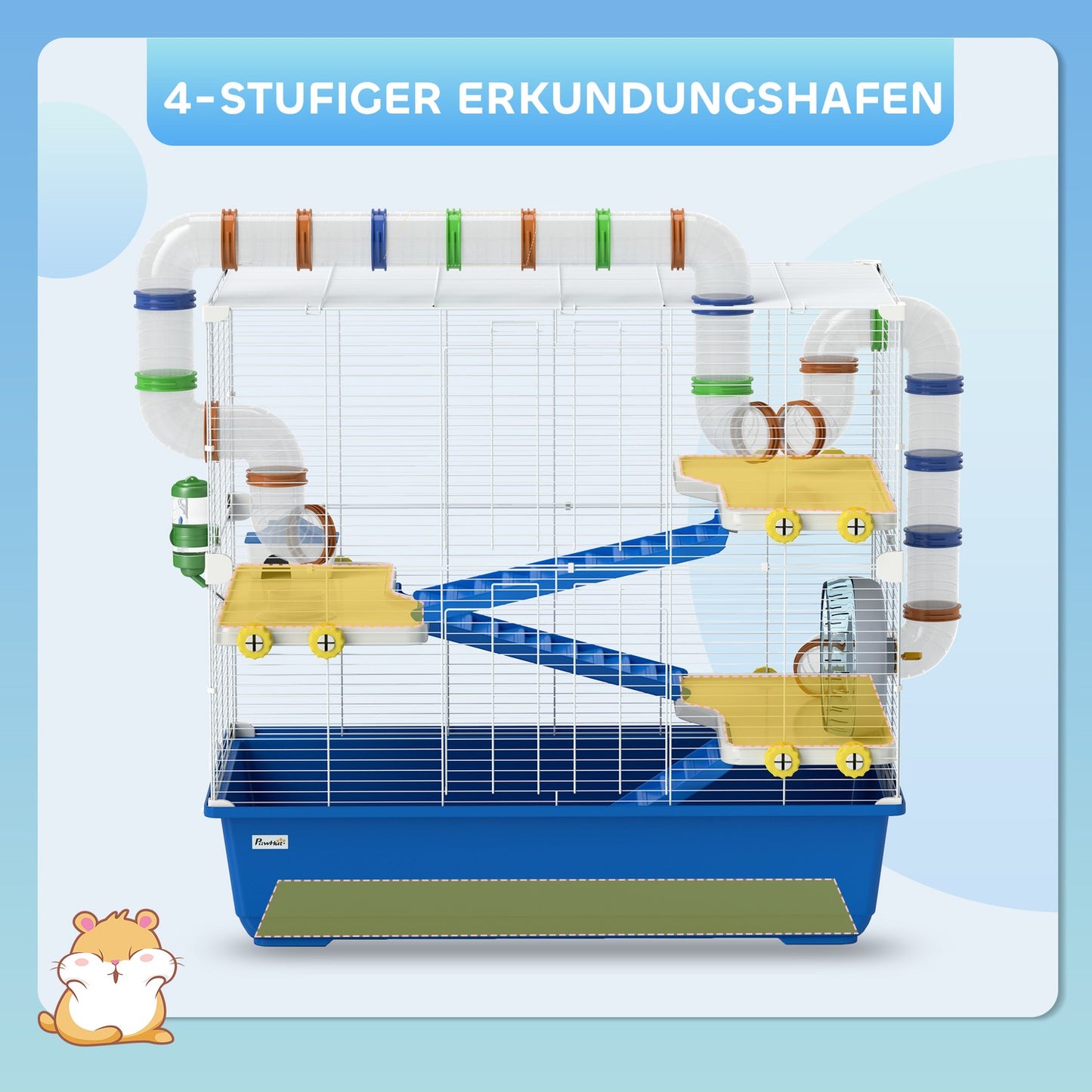 4-story hamster cage with wheels and accessories, blue