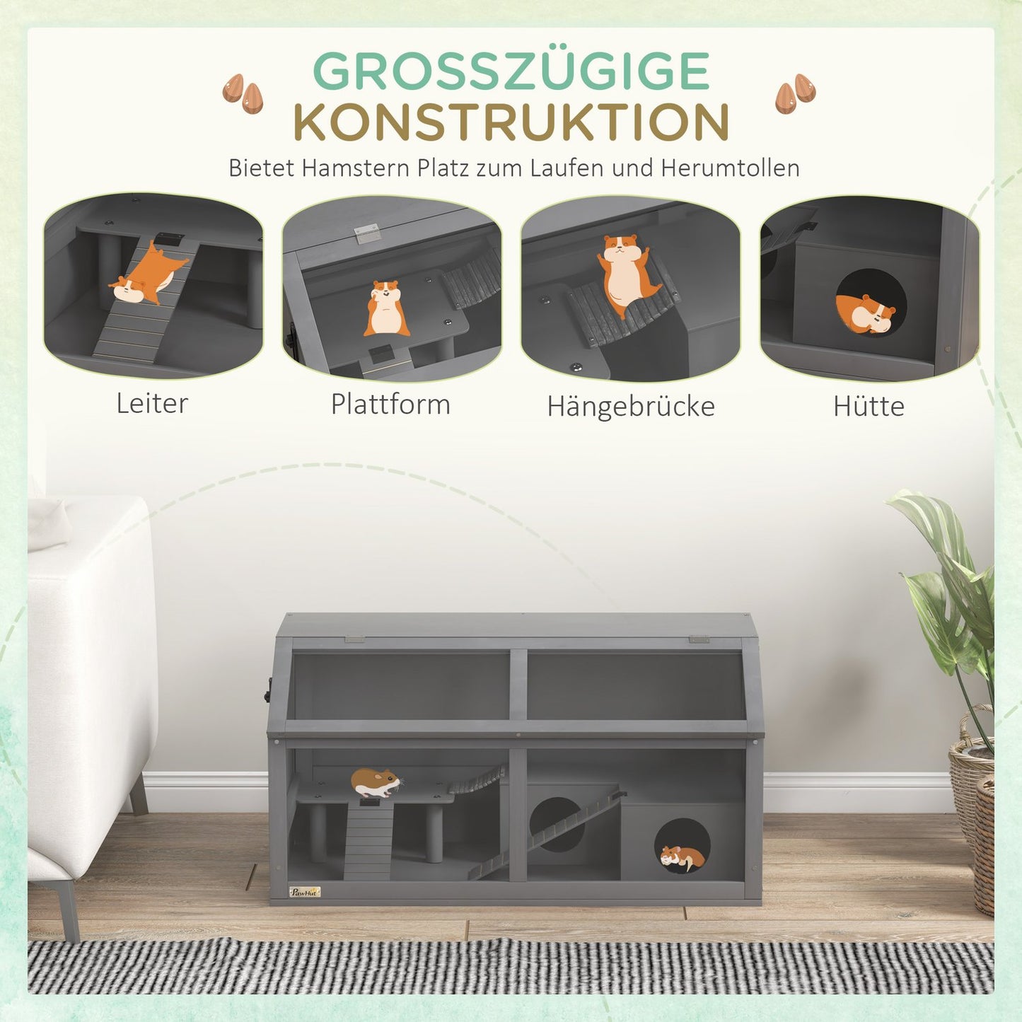 Hamster Cage with Bridge, Hut, and Platform, 85x45x44 cm