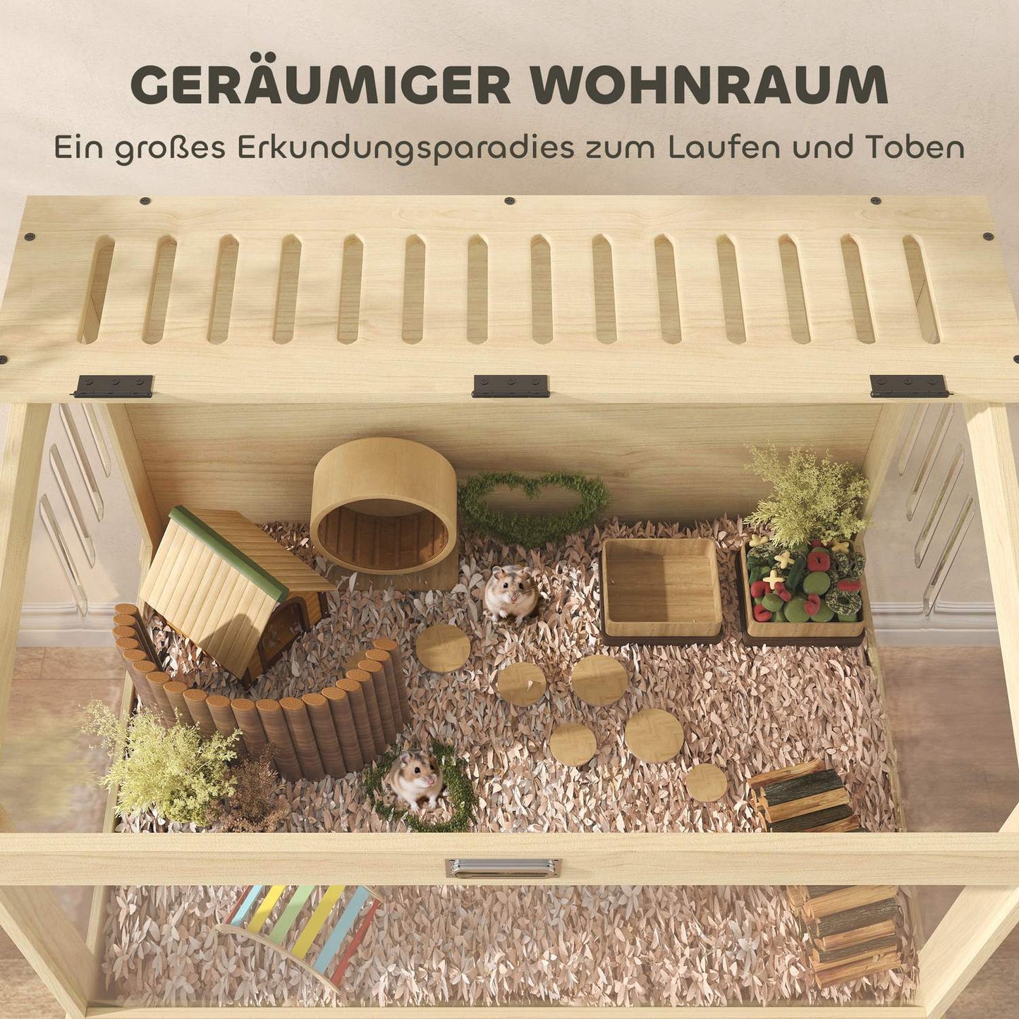 Hamster Cage with Storage Shelf, Natural Wood, 2 Levels