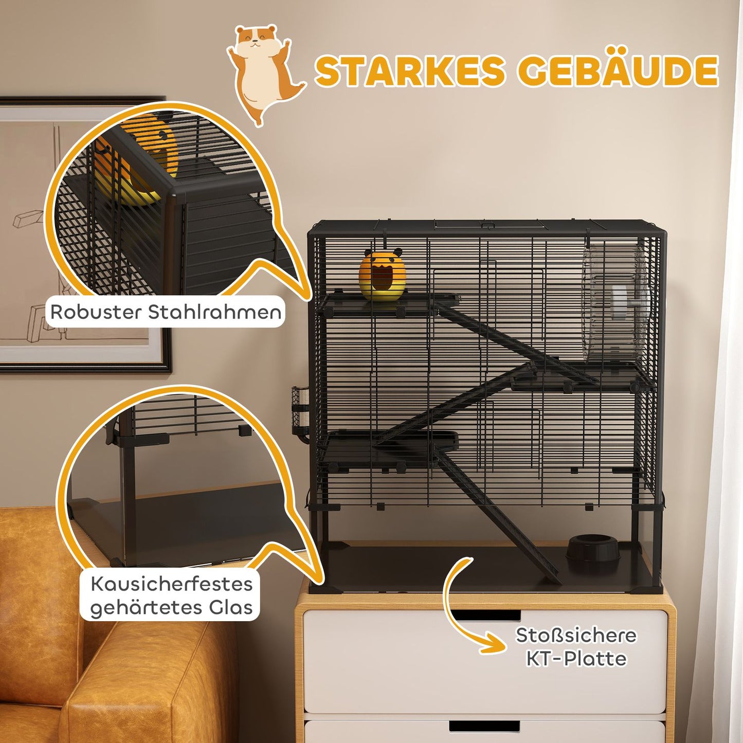 Dwarf hamster cage, 4-tier with accessories, glass base
