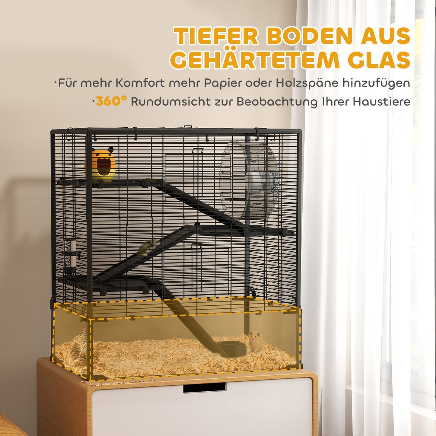 Dwarf hamster cage, 4-tier with accessories, glass base