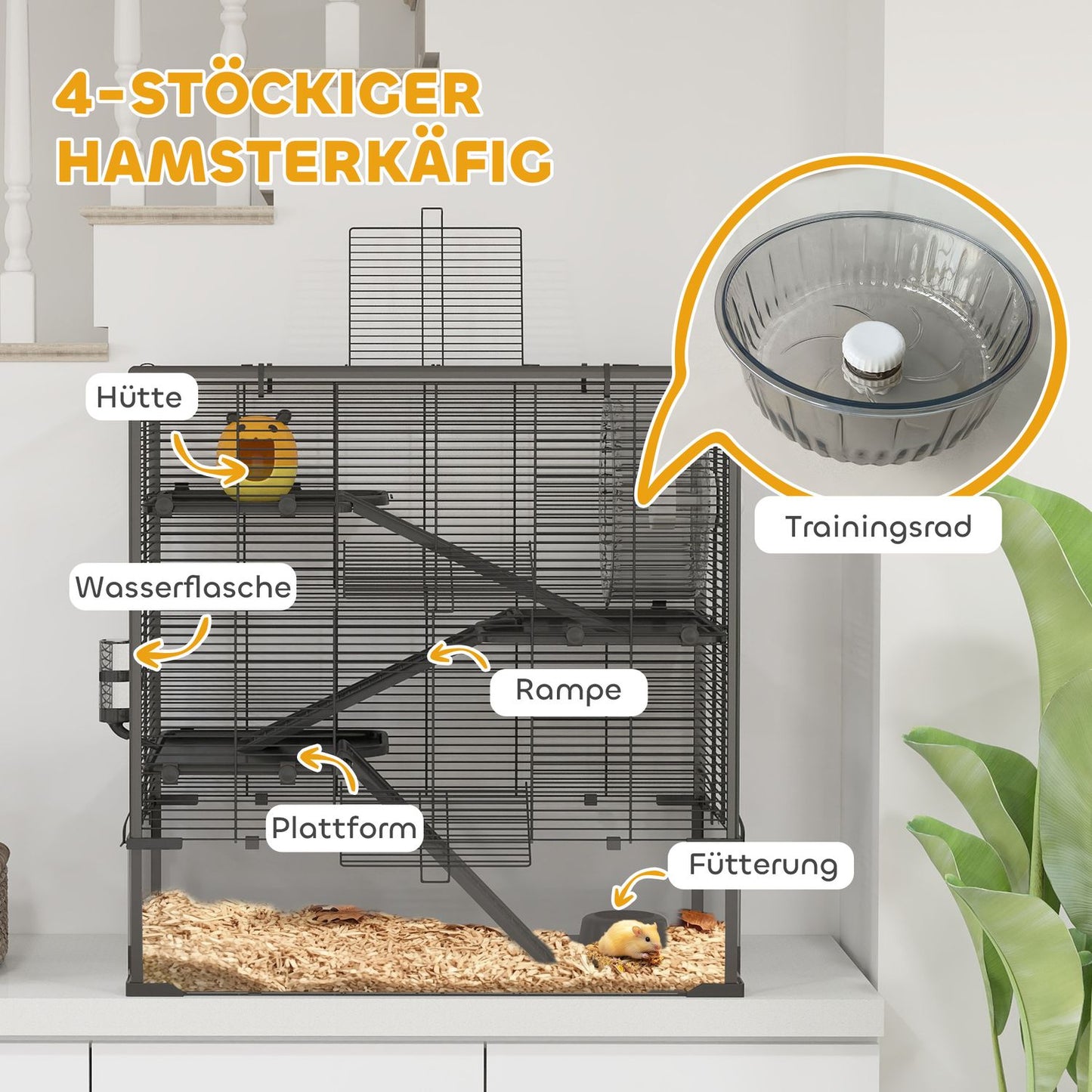 Dwarf hamster cage, 4-tier with accessories, glass base