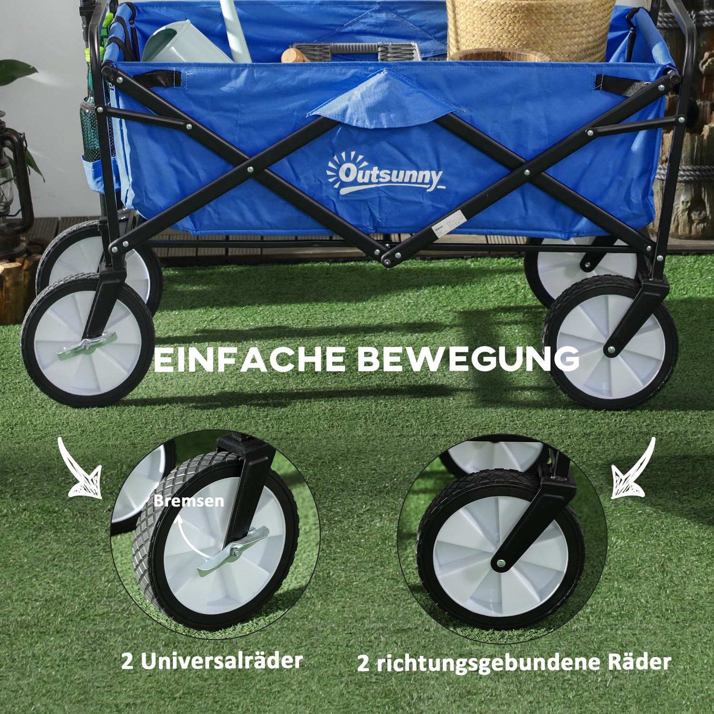 Folding steel garden cart - 360° wheels, adjustable size
