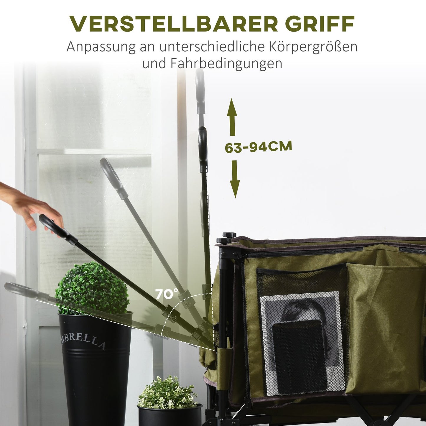 Folding handcart with adjustable handle, wide wheels, 120 kg capacity