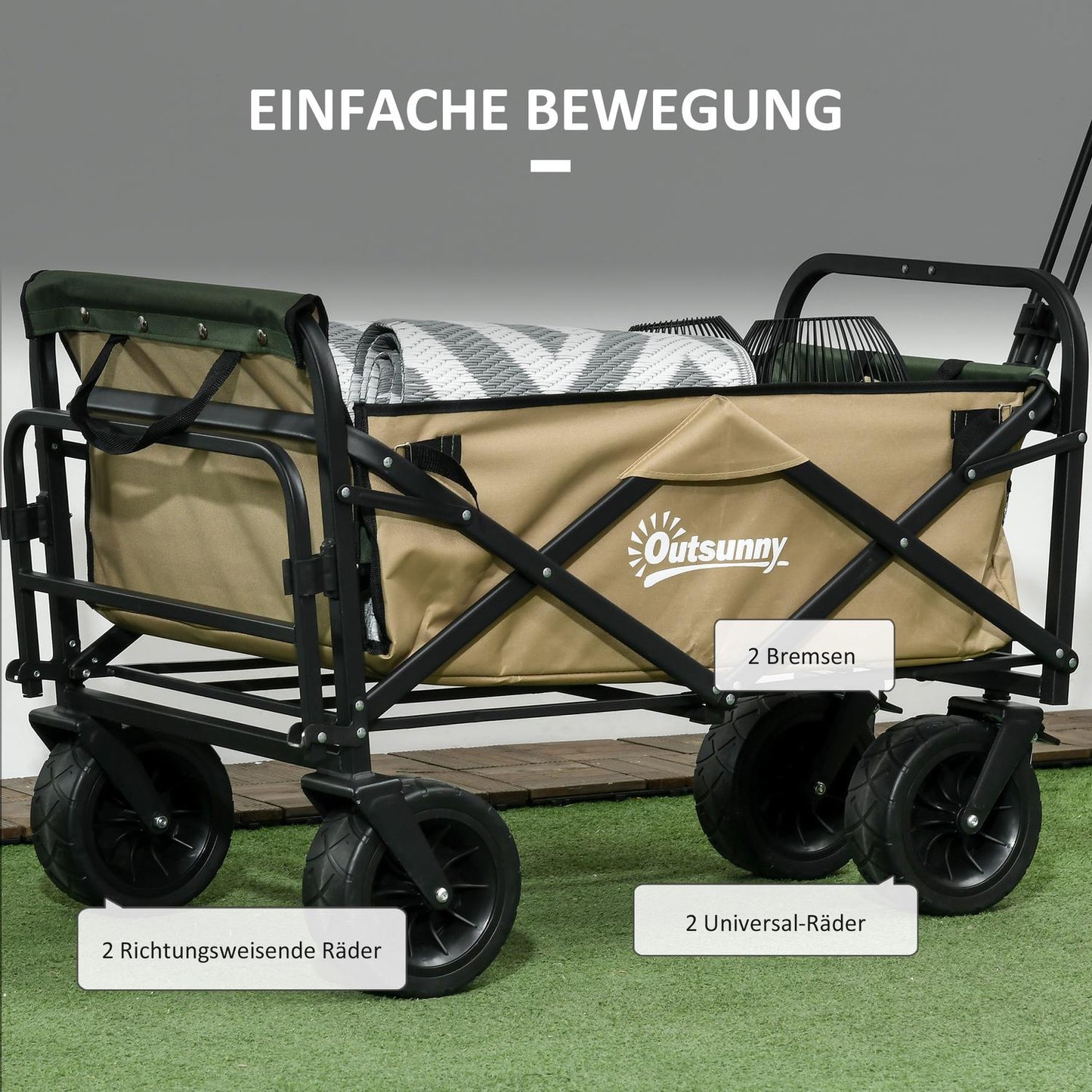 Folding handcart with handle, 100 kg capacity - Khaki