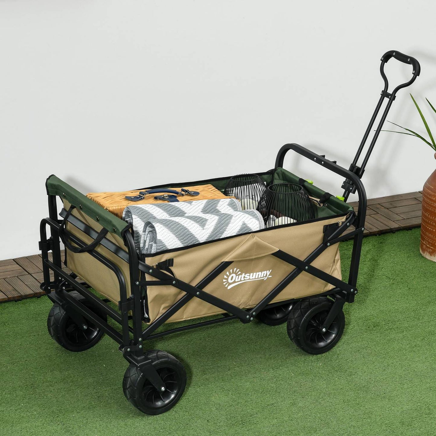 Folding handcart with handle, 100 kg capacity - Khaki