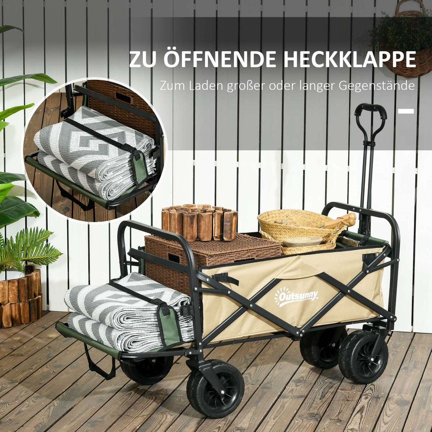 Folding handcart with handle, 100 kg capacity - Khaki