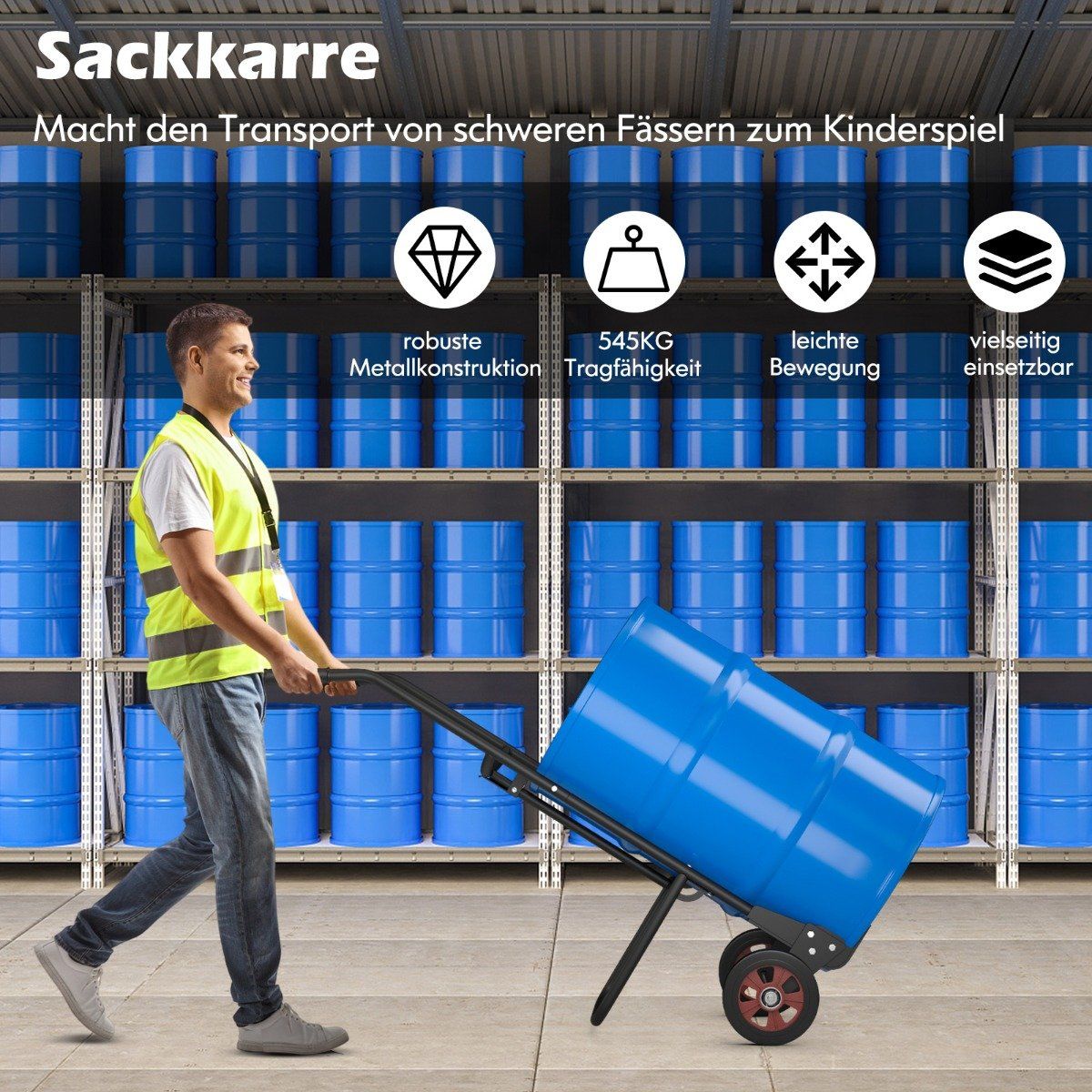 Hand truck for barrel transport with 2 rubber wheels & bell hook with spring black
