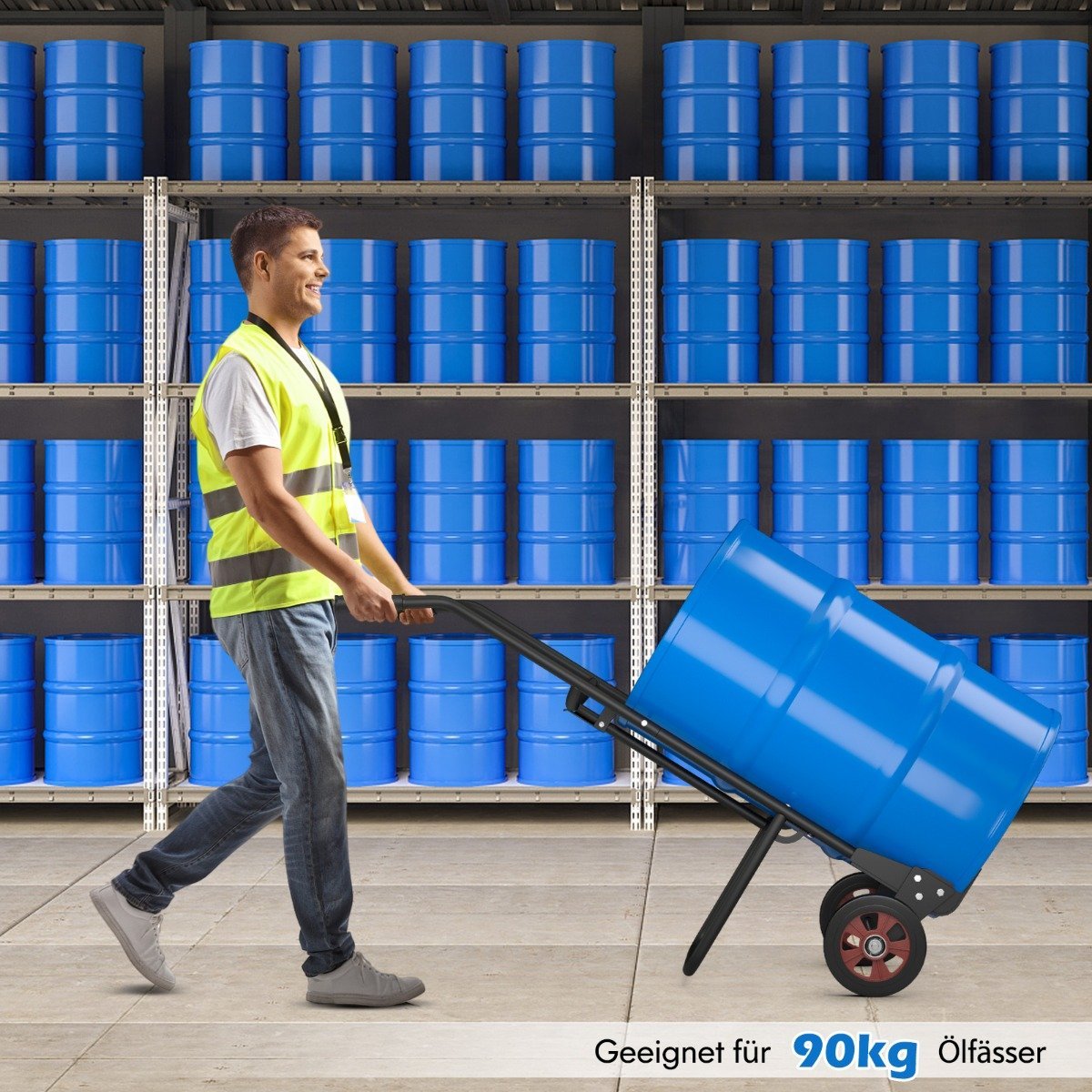 Hand truck for barrel transport with 2 rubber wheels & bell hook with spring black