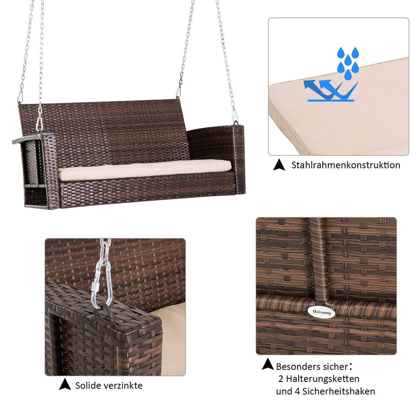 Rattan 2-seat garden swing with cushion - brown, 127x57.5x60 cm
