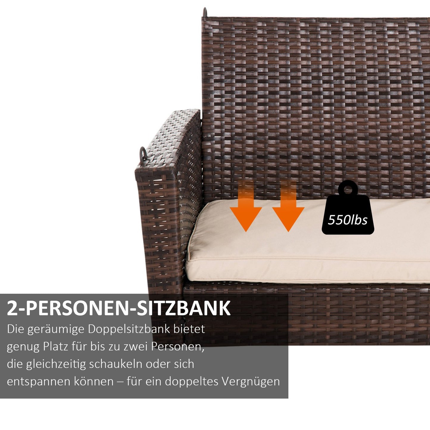 Rattan 2-seat garden swing with cushion - brown, 127x57.5x60 cm