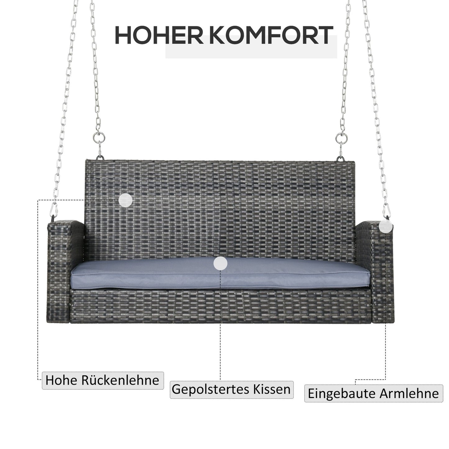 Rattan 2-seat swing with cushion - Grey, 127cm
