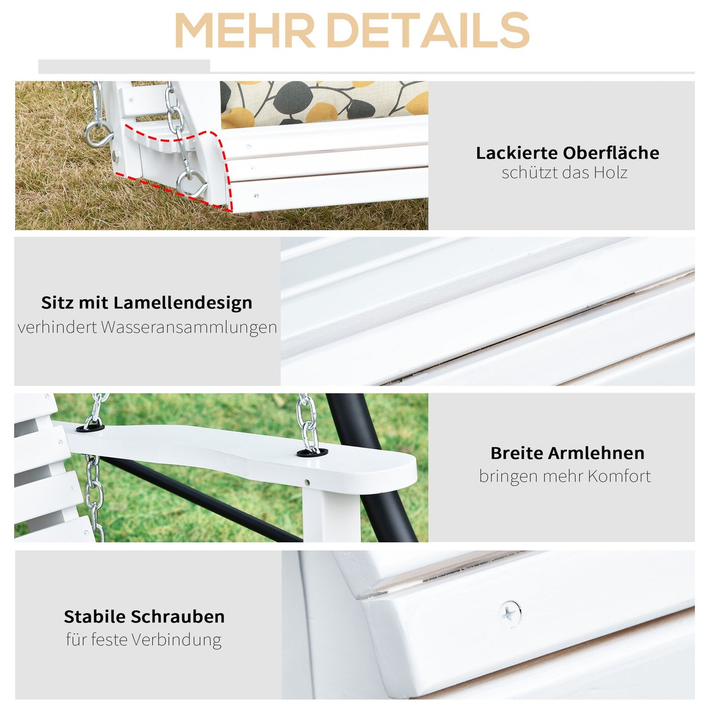 Garden swing bench with folding table, 2-3 seats, white