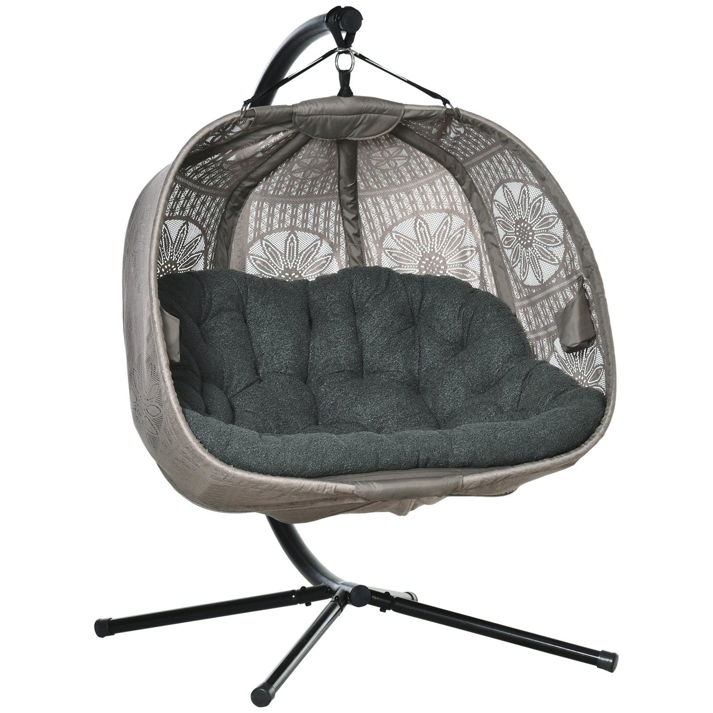 Two-person hanging egg chair with cushion and frame