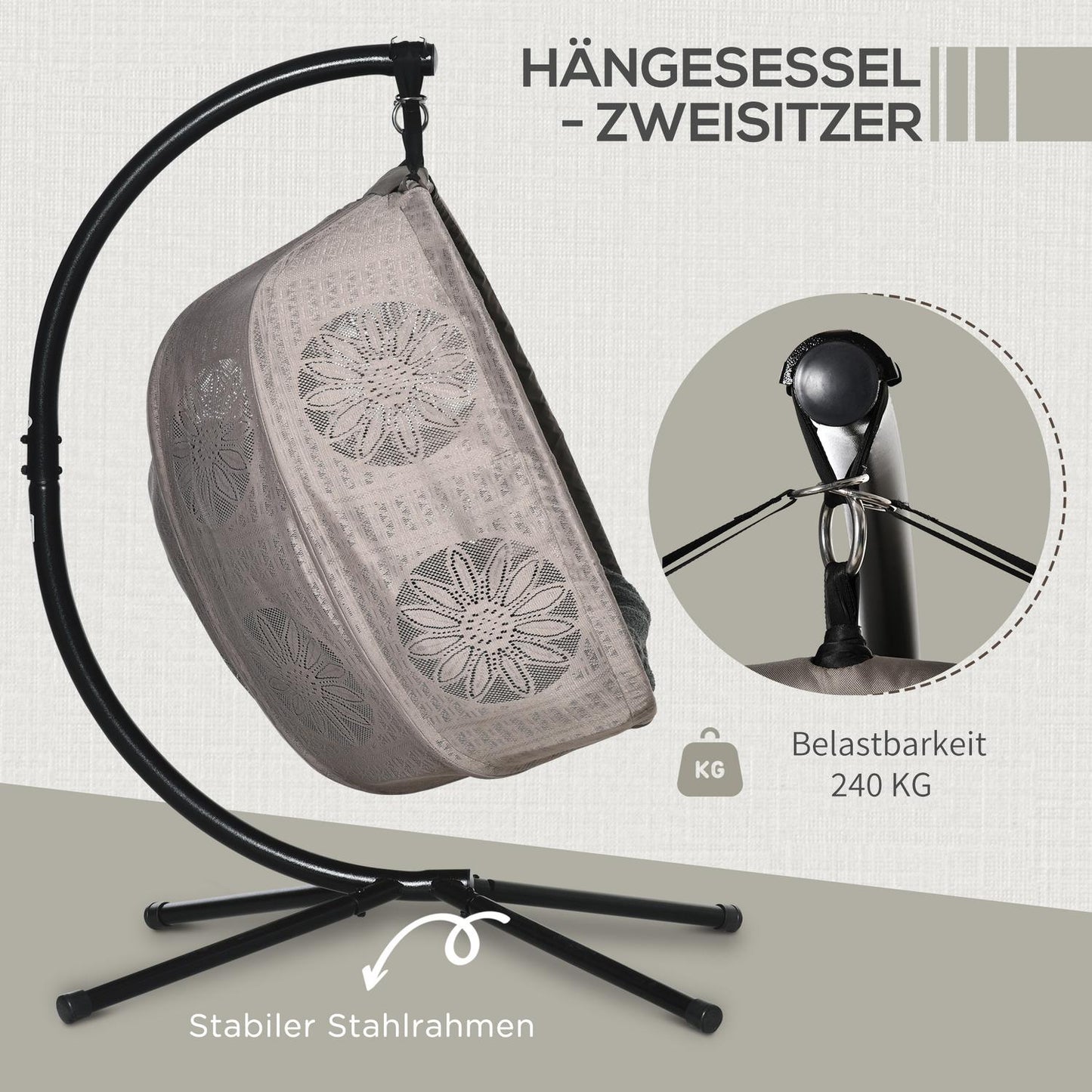 Two-person hanging egg chair with cushion and frame