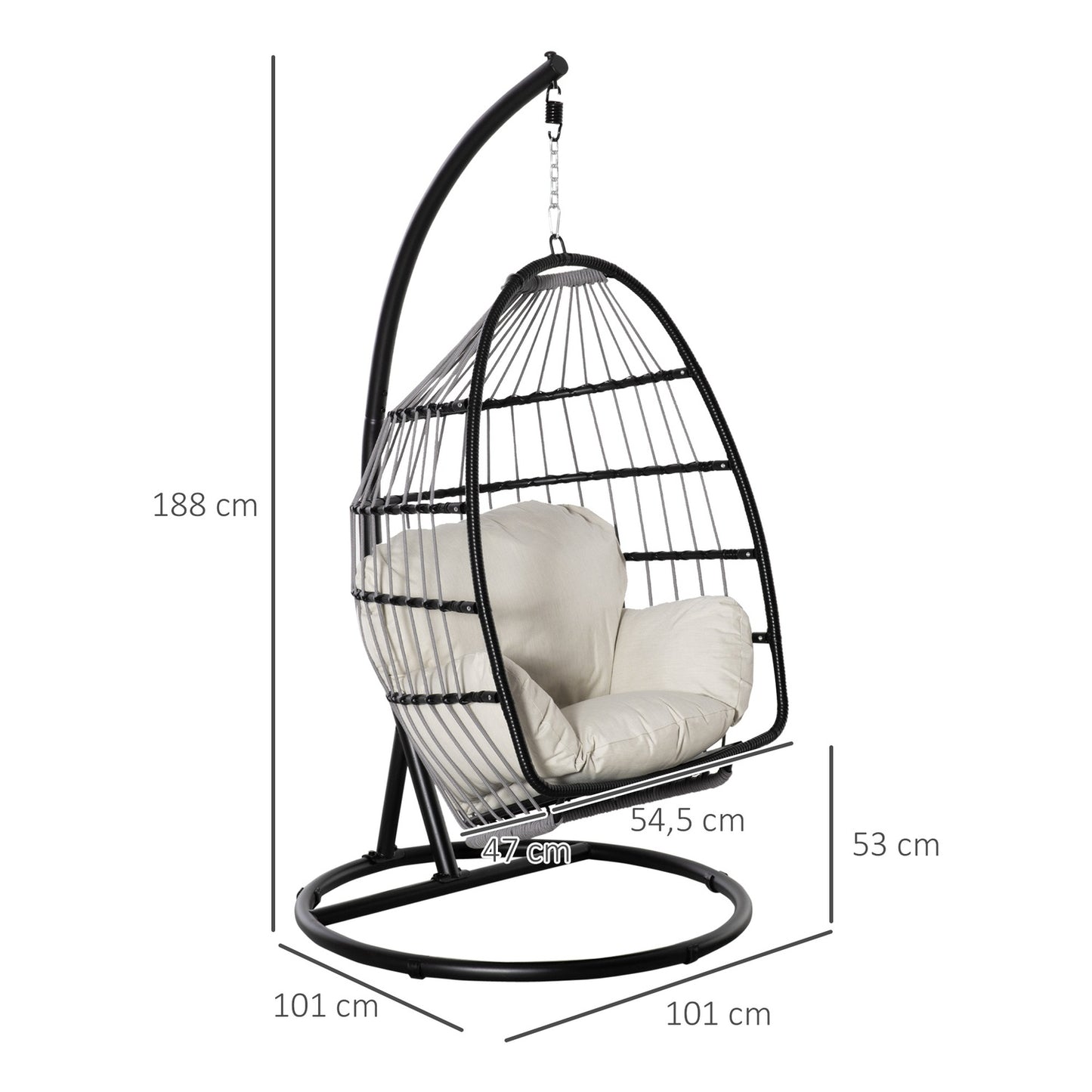 Hanging chair with cushion & frame, foldable, black/cream