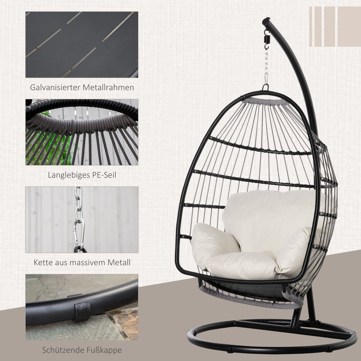 Hanging chair with cushion & frame, foldable, black/cream