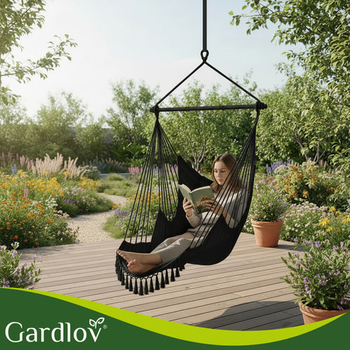 Hanging Chair Swing, 210cm Black, Cotton Fabric, 2 Pillows