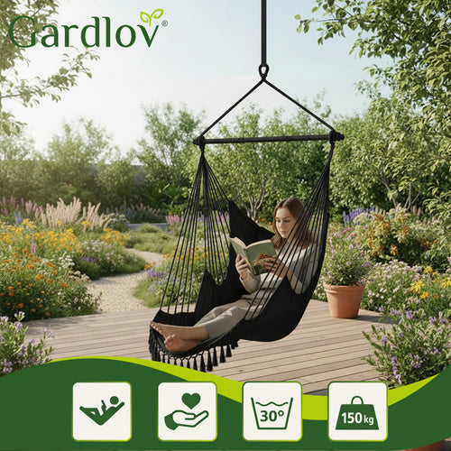 Hanging Chair Swing, 210cm Black, Cotton Fabric, 2 Pillows