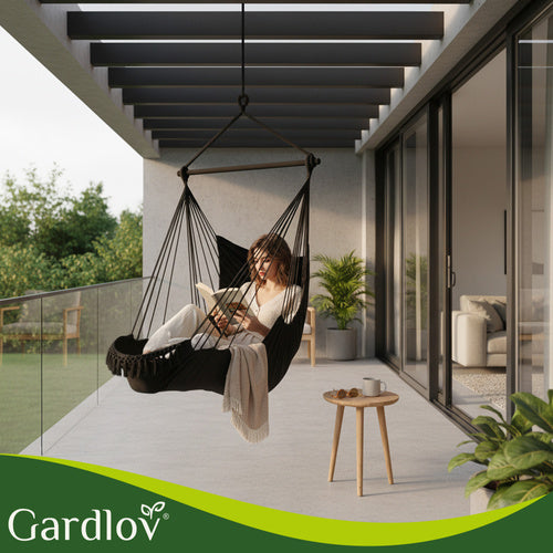 Hanging Chair Swing, 210cm Black, Cotton Fabric, 2 Pillows