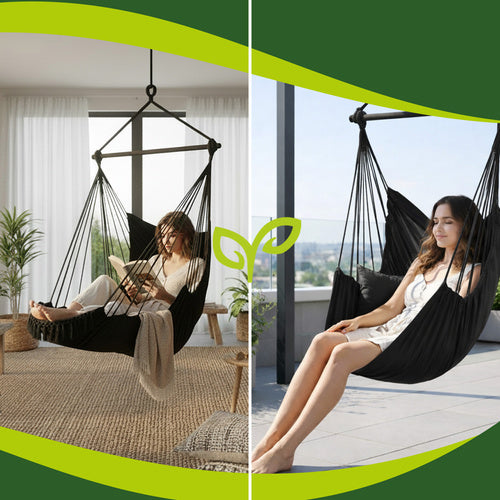 Hanging Chair Swing, 210cm Black, Cotton Fabric, 2 Pillows