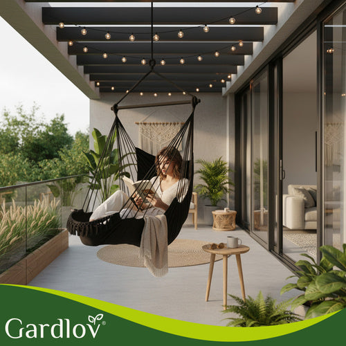 Hanging Chair Swing, 210cm Black, Cotton Fabric, 2 Pillows