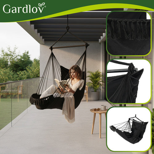 Hanging Chair Swing, 210cm Black, Cotton Fabric, 2 Pillows