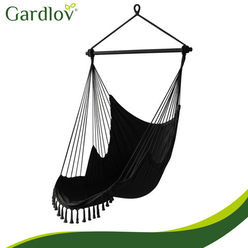 Hanging Chair Swing, 210cm Black, Cotton Fabric, 2 Pillows