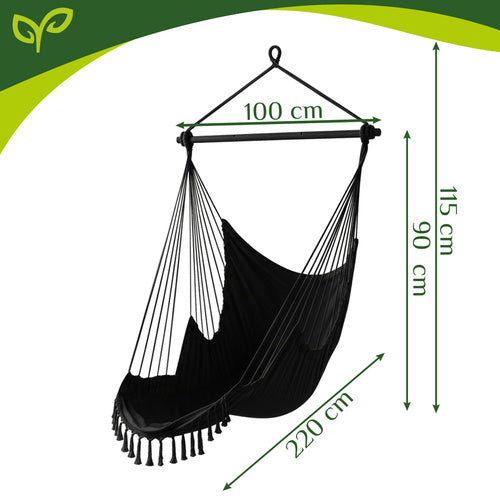 Hanging Chair Swing, 210cm Black, Cotton Fabric, 2 Pillows