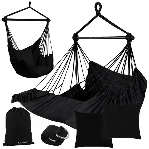 Hanging Chair Swing, 210cm Black, Cotton Fabric, 2 Pillows