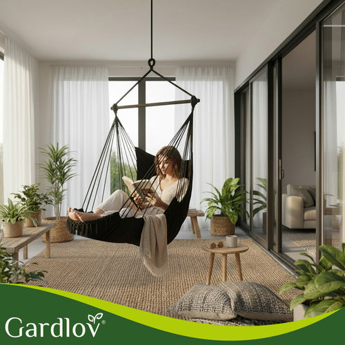 Hanging Chair Swing, 210cm Black, Cotton Fabric, 2 Pillows