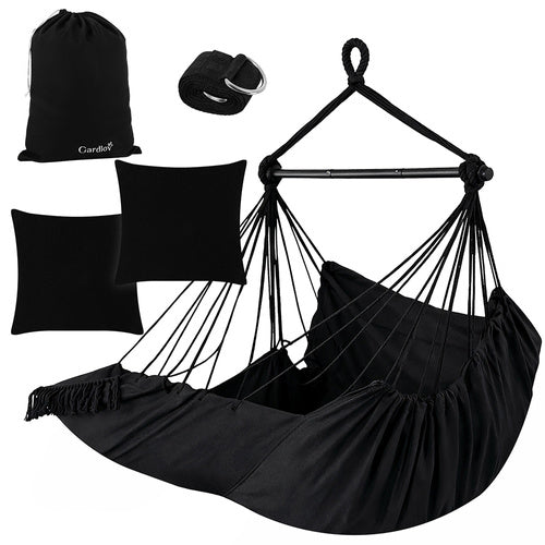 Hanging Chair Swing, 210cm Black, Cotton Fabric, 2 Pillows