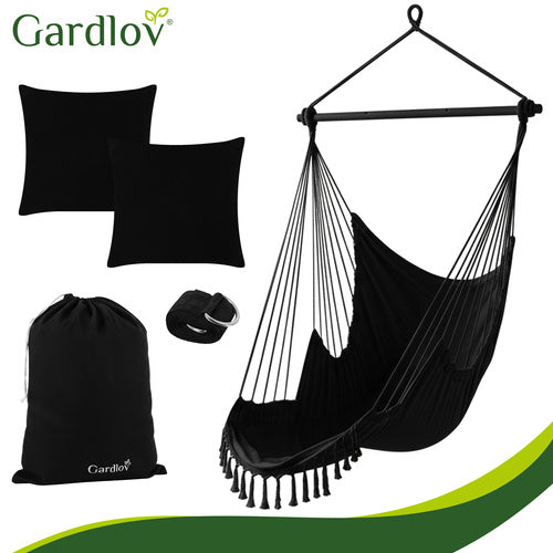 Hanging Chair Swing, 210cm Black, Cotton Fabric, 2 Pillows