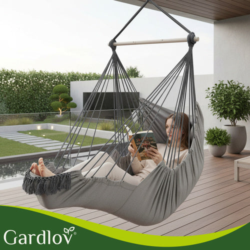 Hanging Chair Swing, 210cm Gray, Cotton Fabric, 2 Cushions