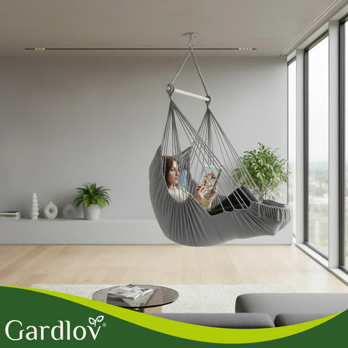 Hanging Chair Swing, 210cm Gray, Cotton Fabric, 2 Cushions