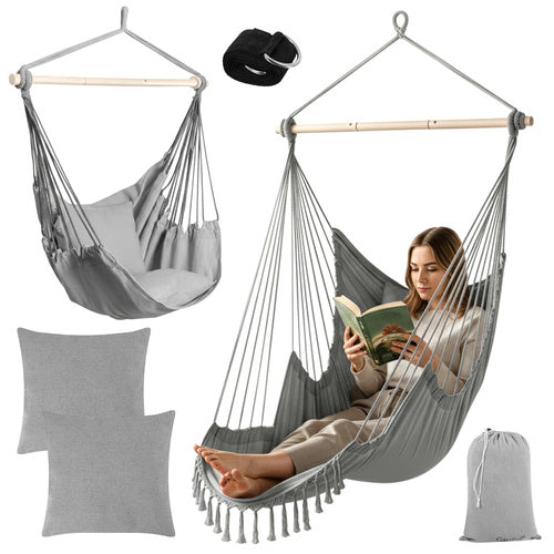 Hanging Chair Swing, 210cm Gray, Cotton Fabric, 2 Cushions