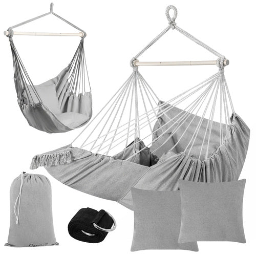Hanging Chair Swing, 210cm Gray, Cotton Fabric, 2 Cushions