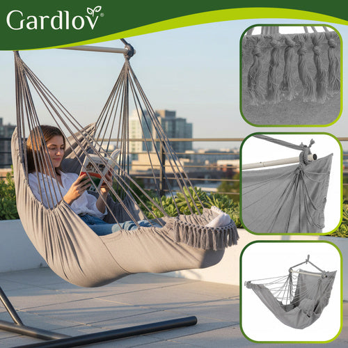 Hanging Chair Swing, 210cm Gray, Cotton Fabric, 2 Cushions